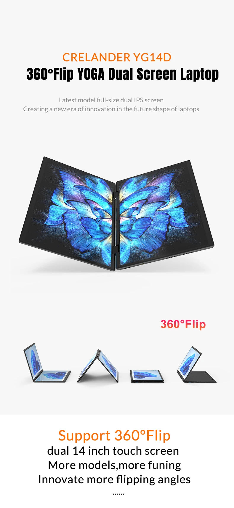 CRELANDER Dual Screen Laptop 14+14 Inch 2K Touch Screen Notebook Intel N95 CPU 360 Degree Flip Metal Case 2 in 1 Laptop Computer