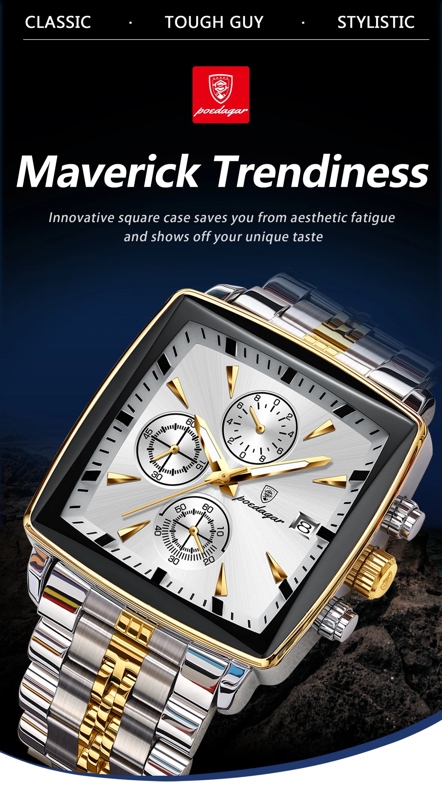 POEDAGAR Luxury Square Sport Man Wristwatch Waterproof