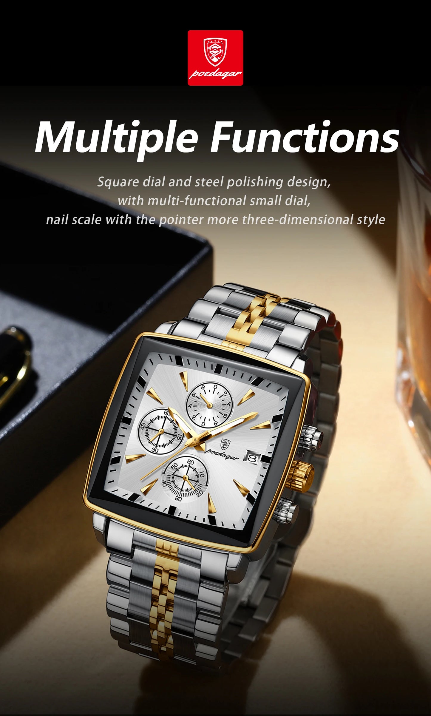 POEDAGAR Luxury Square Sport Man Wristwatch Waterproof