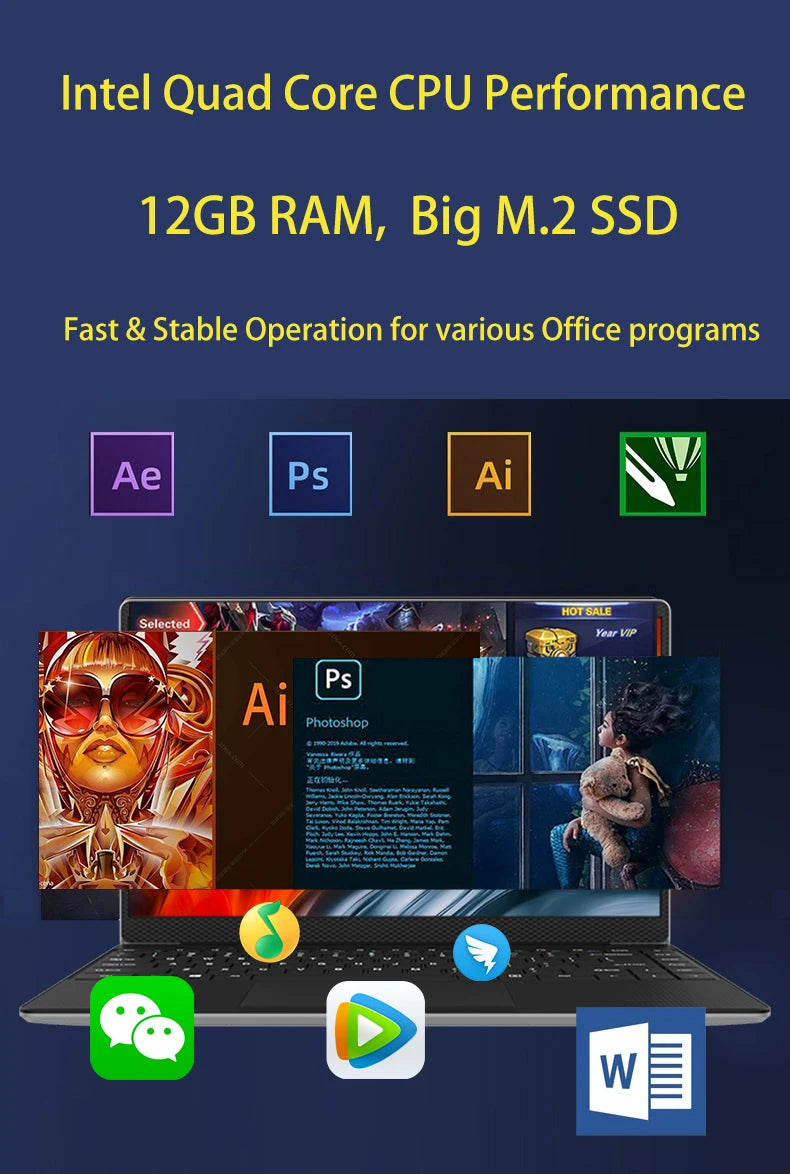 New 14 inch Slim Cheap Notebook Laptop 12GB RAM 1TB/512GB/256GB SSD Windows 10 Quad Core School Netbook Laptops